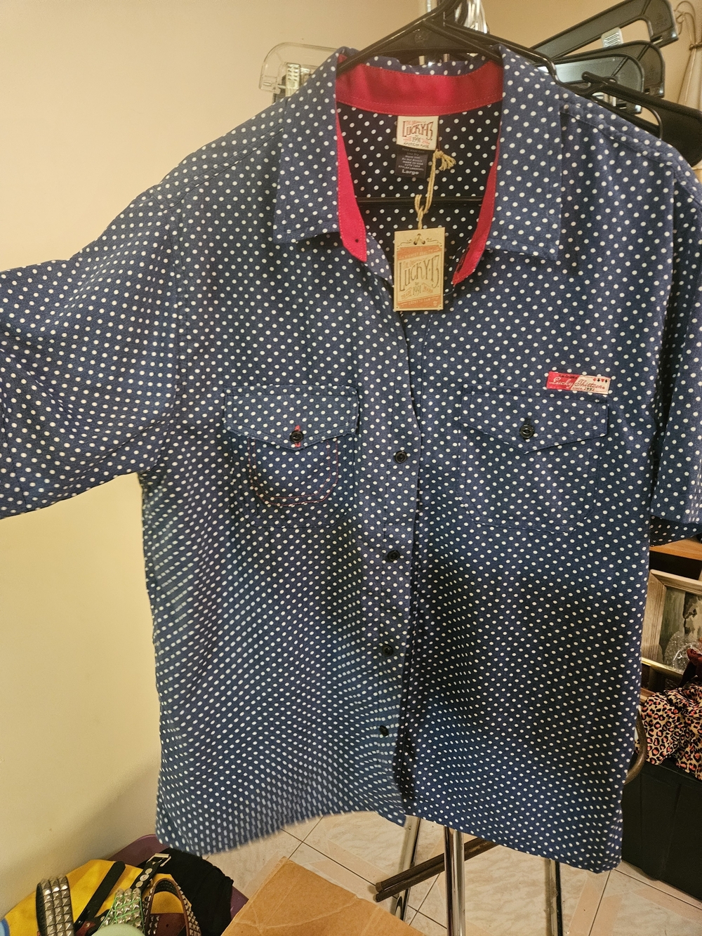 Mens LUCKY 13 Collared Polkadot Shirt Navy And White Retro